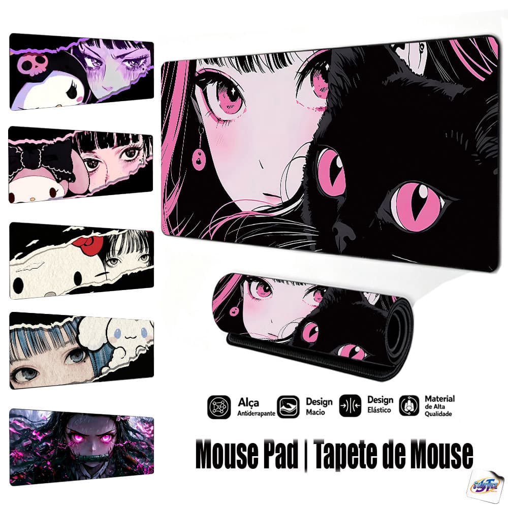 Mouse Pad Gamer Tapete de Mouse 80x30 Menina Anime e Gato Base de Borracha Antiderrapante Borda Costurada FPS Escritório