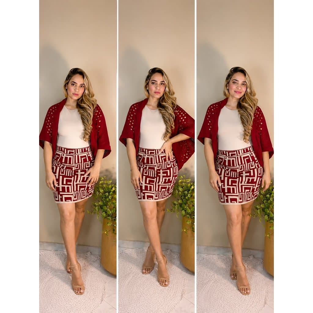 Conjunto Saia e Kimono Rendado Feminino Animal Print Elegante