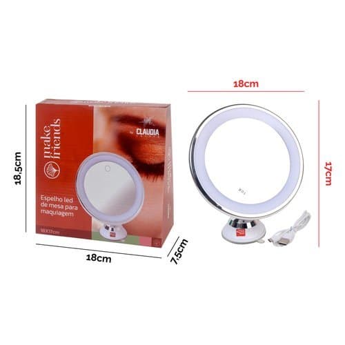Espelho Maquiagem Mesa Redondo LED Portátil Iluminado USB Ajustável Branca