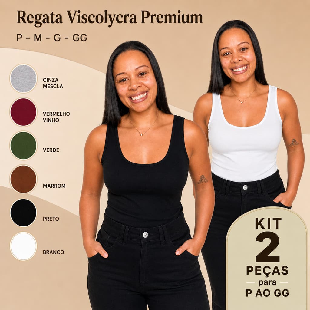 Kit 2 Regatas Femininas Basicas Alça Larga Viscolycra Premium