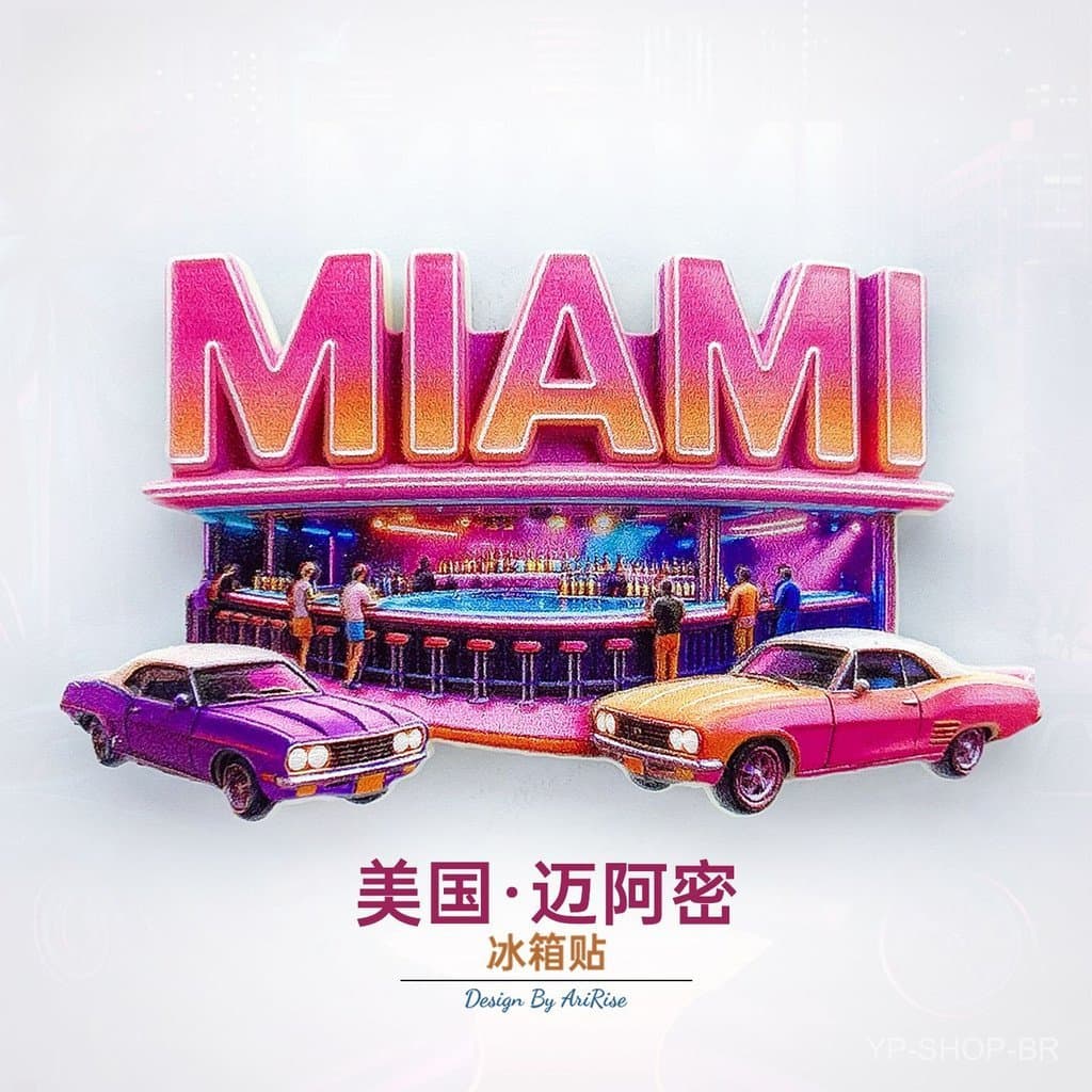 Ímã de Geladeira, Carro Esportivo Miami Bar, Decoração para Casa, Adesivo Magnético 3D, Paisagem em Miniatura, Lembrança