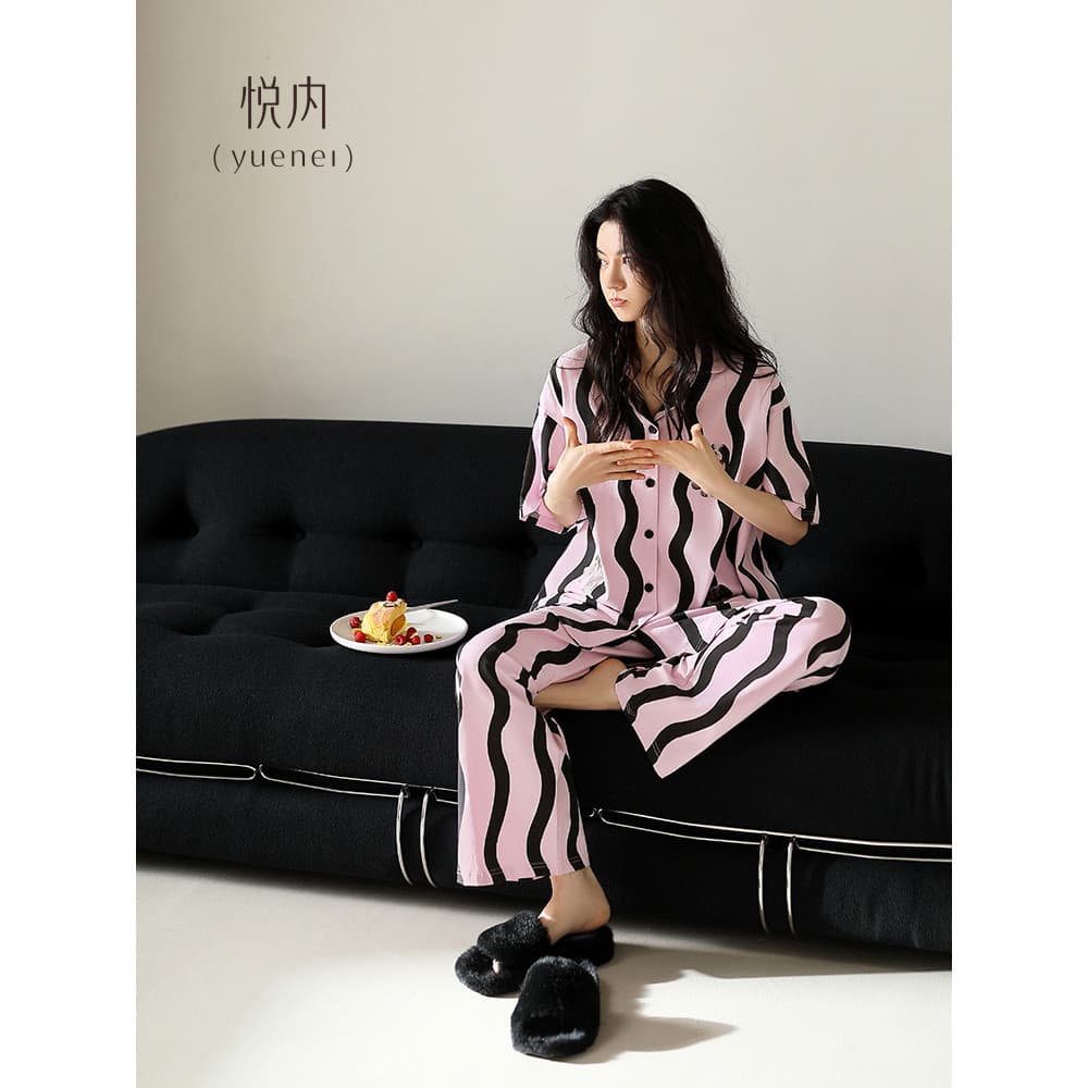 Yue pijamas internos femininos verão verão puro algodão calças de manga curta Loungewear listrado Plus Size Casual Cardi