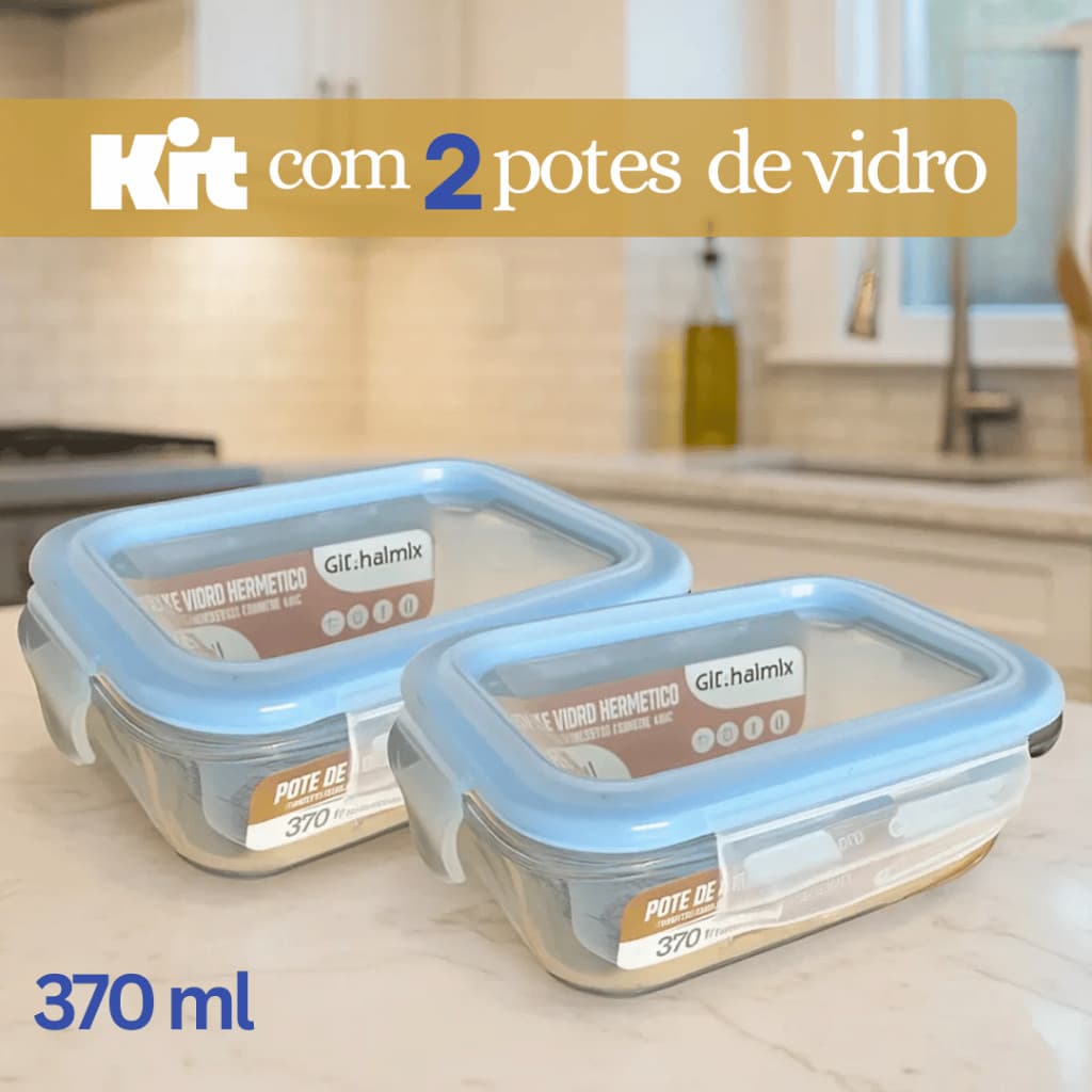 Pote Hermético Vidro Borossilicato 370ml Tampa Marmita Fitness Freezer Kit 1/2/3
