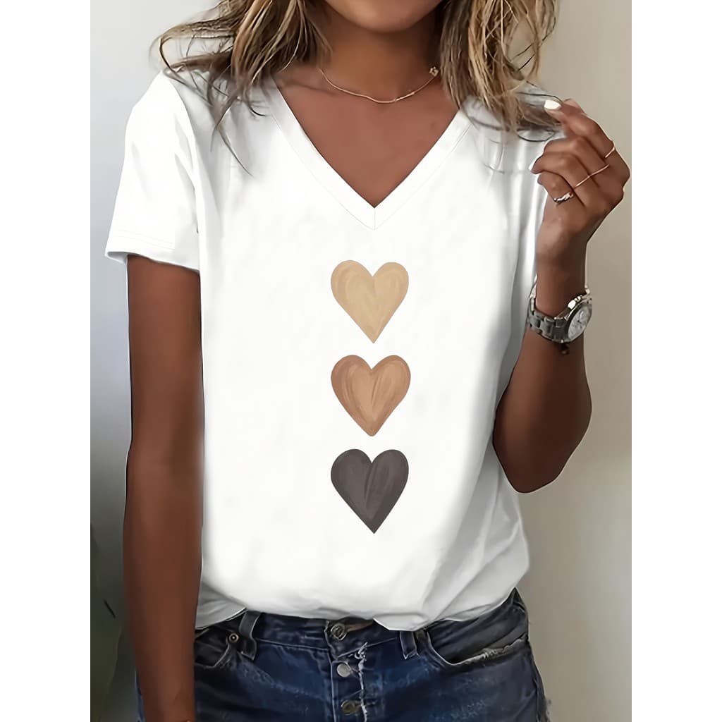 Camiseta feminina de manga curta com estampa de coração simples de três cores com decote em V e manga curta