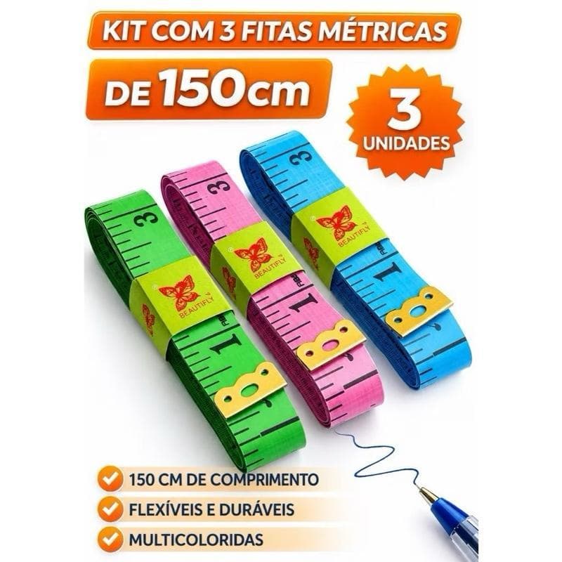 Kit com 3 Fitas Métricas 150cm Corporal para Costura Alfaiate e Artesanato Flexíveis e Duráveis Multicoloridas