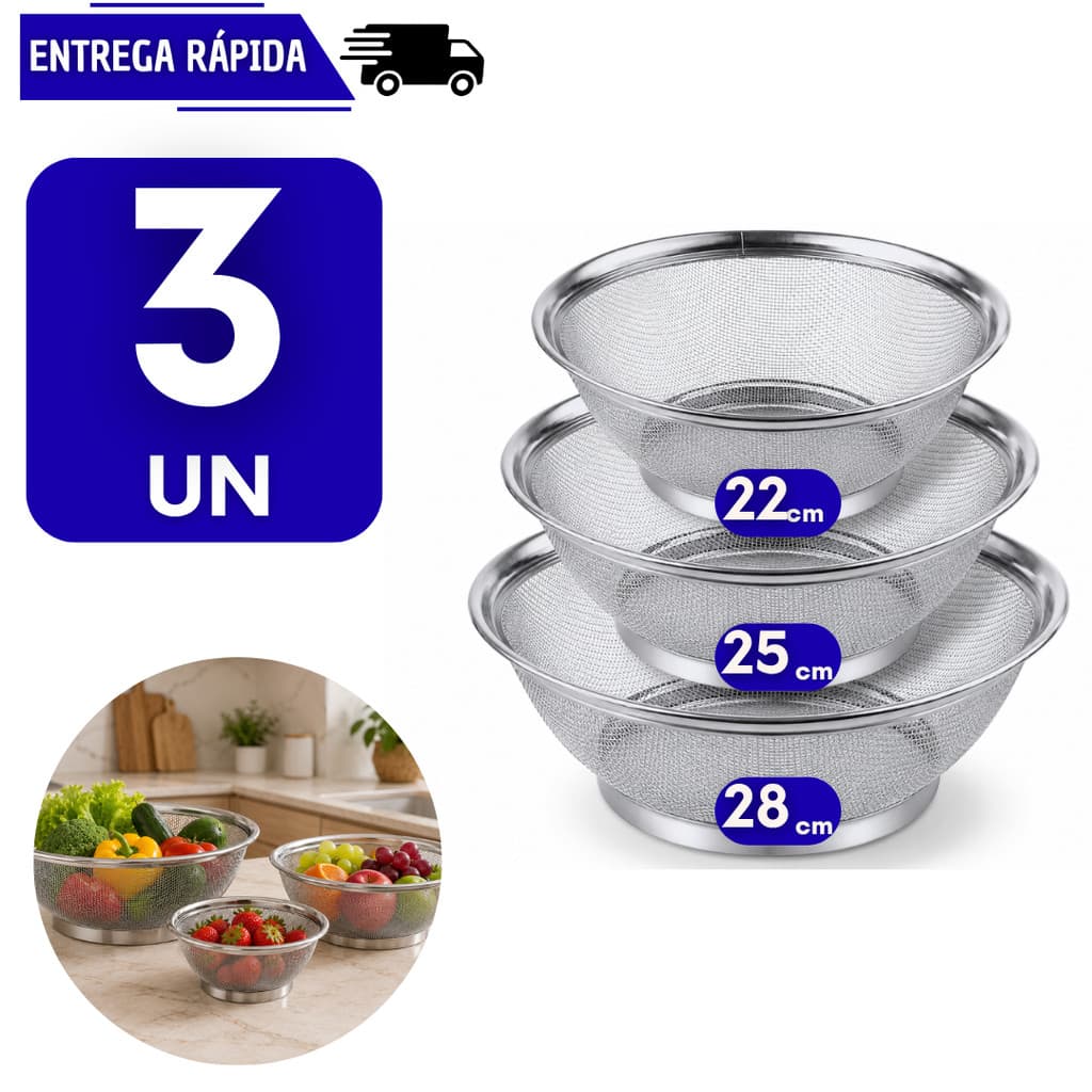 3 Cesta Escorredor Em Aço Inox Utensílios Cozinha Peneira Fritura Legumes Frutas Fruteira Macarrão Arroz Resistente
