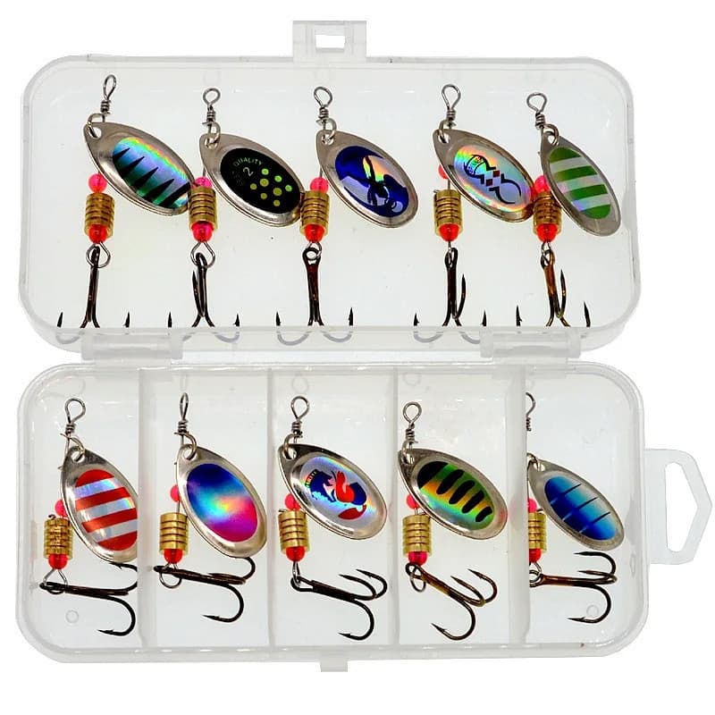 Conjunto de 10 iscas de pesca: crankbaits, spinnerbaits de metal, spinners, iscas para pesca de truta, equipado com anzó