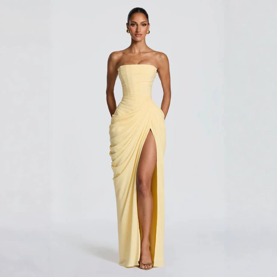 Vestido longo de noite sem alças com fenda, novo estilo de outono, vestido longo elegante com pregas.