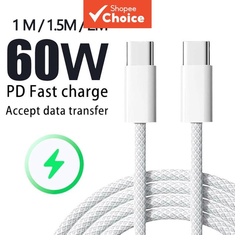 Cabo de Carregamento Rápido USB-C Trançado 60W PD para Android e iPhone 15/16 Pro Max