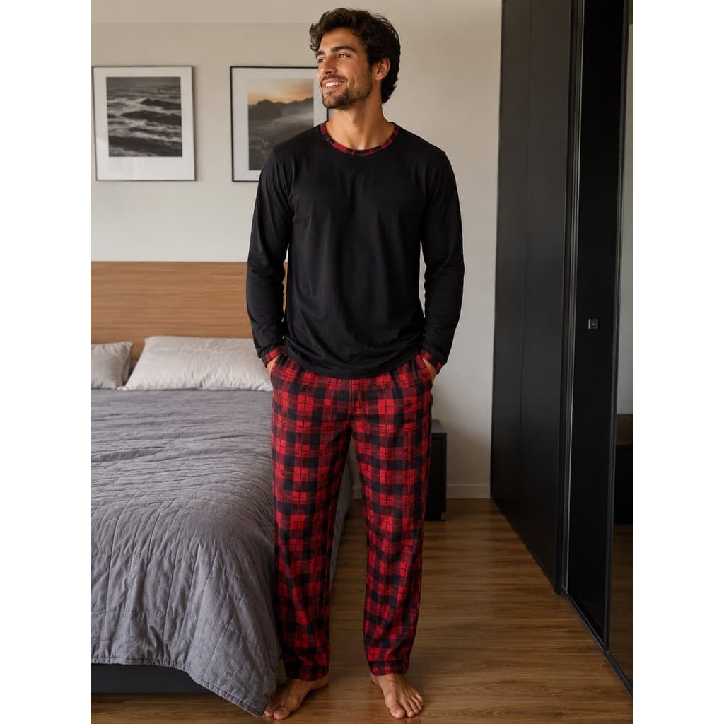 Pijama Masculino Longo  Básico Xadrez Outono Inverno a Manga Manga Longa/ Pijama Masculino Estampado