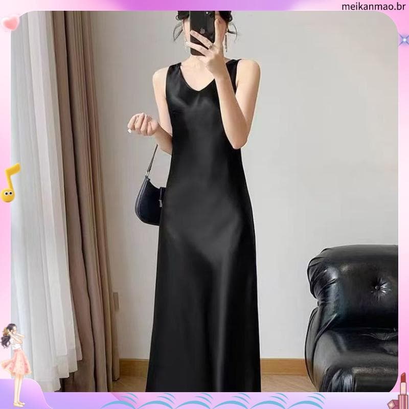 Vestido colete verão novo estilo vestido High-End preto saia longa magro-ajuste mais magro olhar elegante cetim sem mang