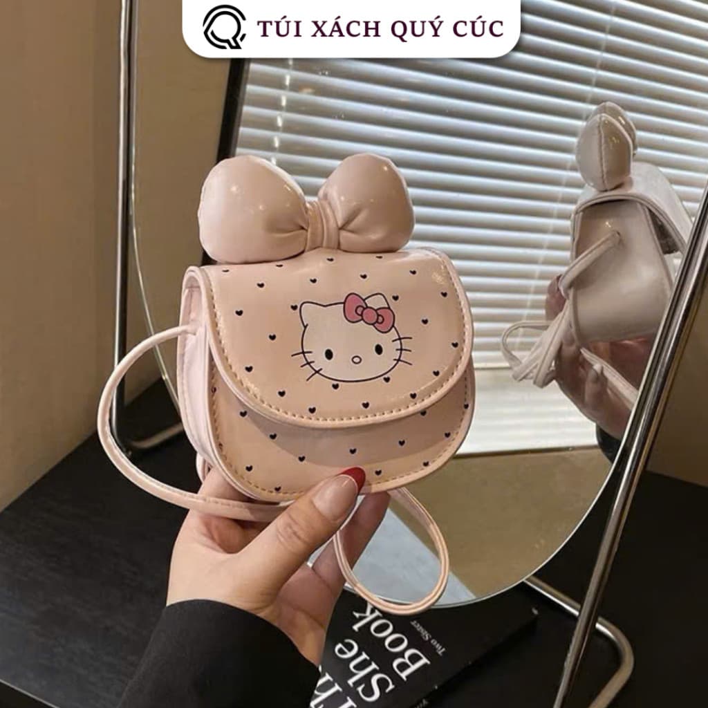 (Oferta em Promoção) Mini bolsa transversal para meninas - Bolsa KITTY com bolinhas em formato de coração e laço fofo, f