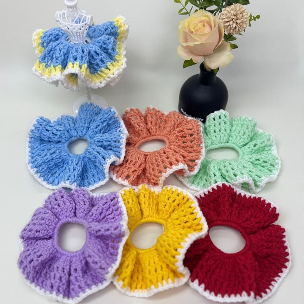 Elástico de cabelo em crochê com blocos de cor estilo macaron coreano, acessório de cabelo elaborado, elástico de cabelo