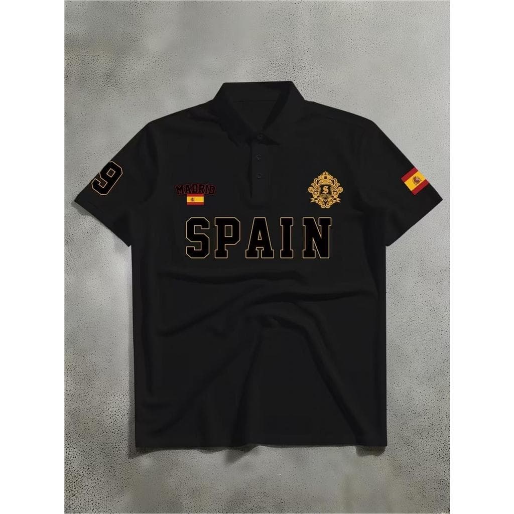 Polo Retro Estilo "ESPANHA No. 22.86cm Madrid Patch Print Estilo Street Americano Camisola Polo Moderna Masculina