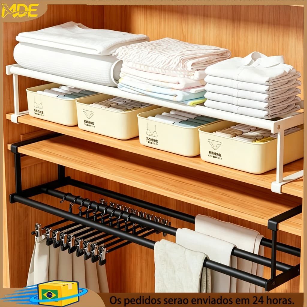 Prateleira Retrátil de Metal para Guarda-Roupa, Organizador Extensível para Armazenar Roupas dentro do Armário