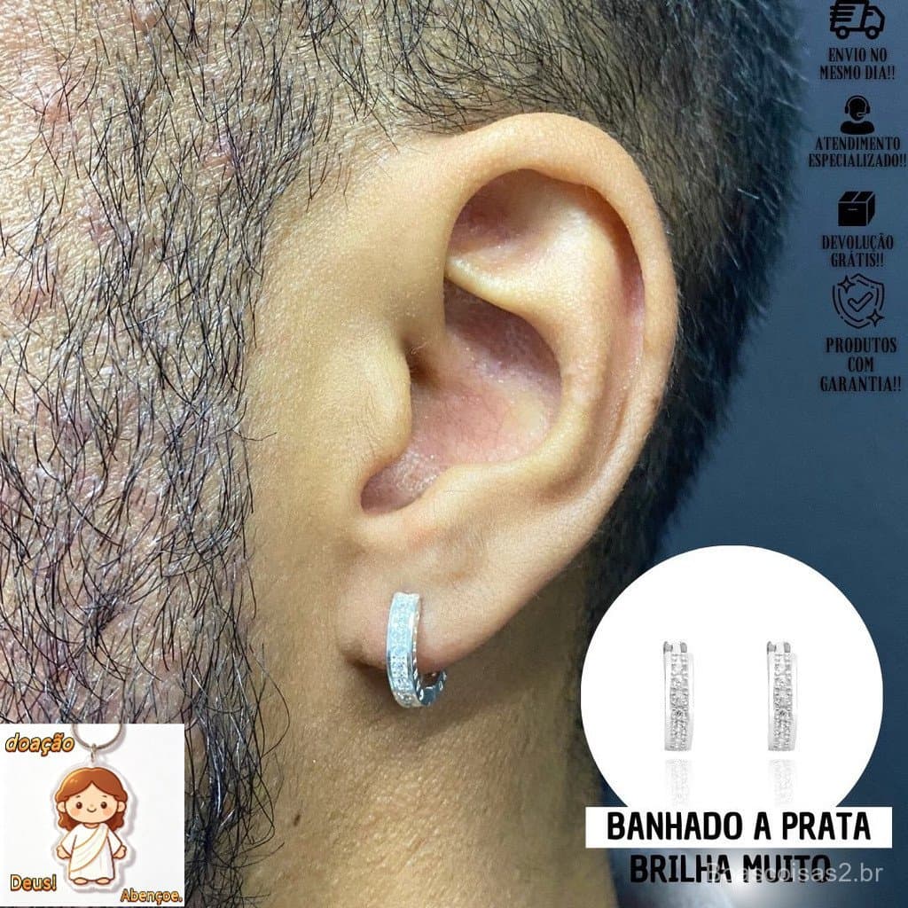 Brinco Masculino De Prata Argola C/ Pedras Brilhantes De Zircônia Banhada a Prata 925 Brinco De Argola