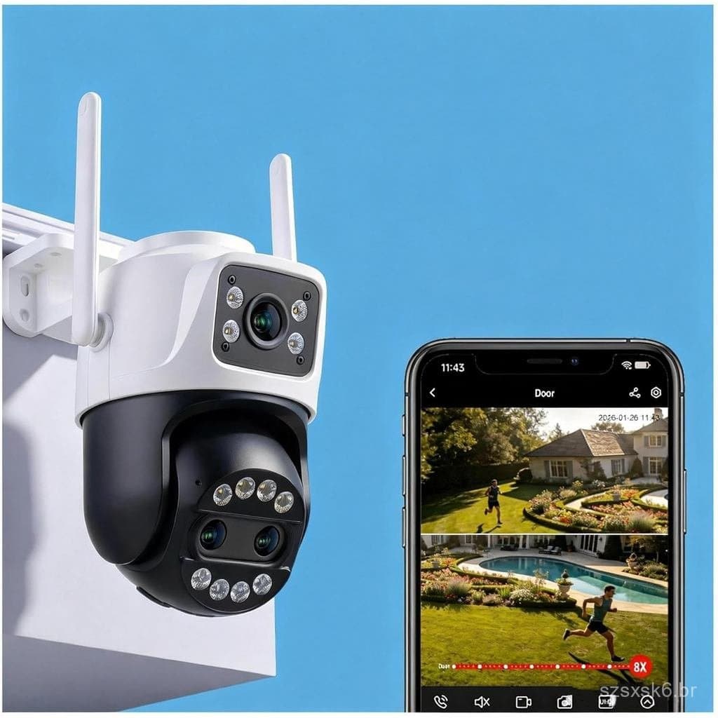 Câmera Externa com 3 Lentes, Zoom Híbrido 8X, Câmeras de Segurança WiFi com Fio, Gravação 24/7, Local de 3