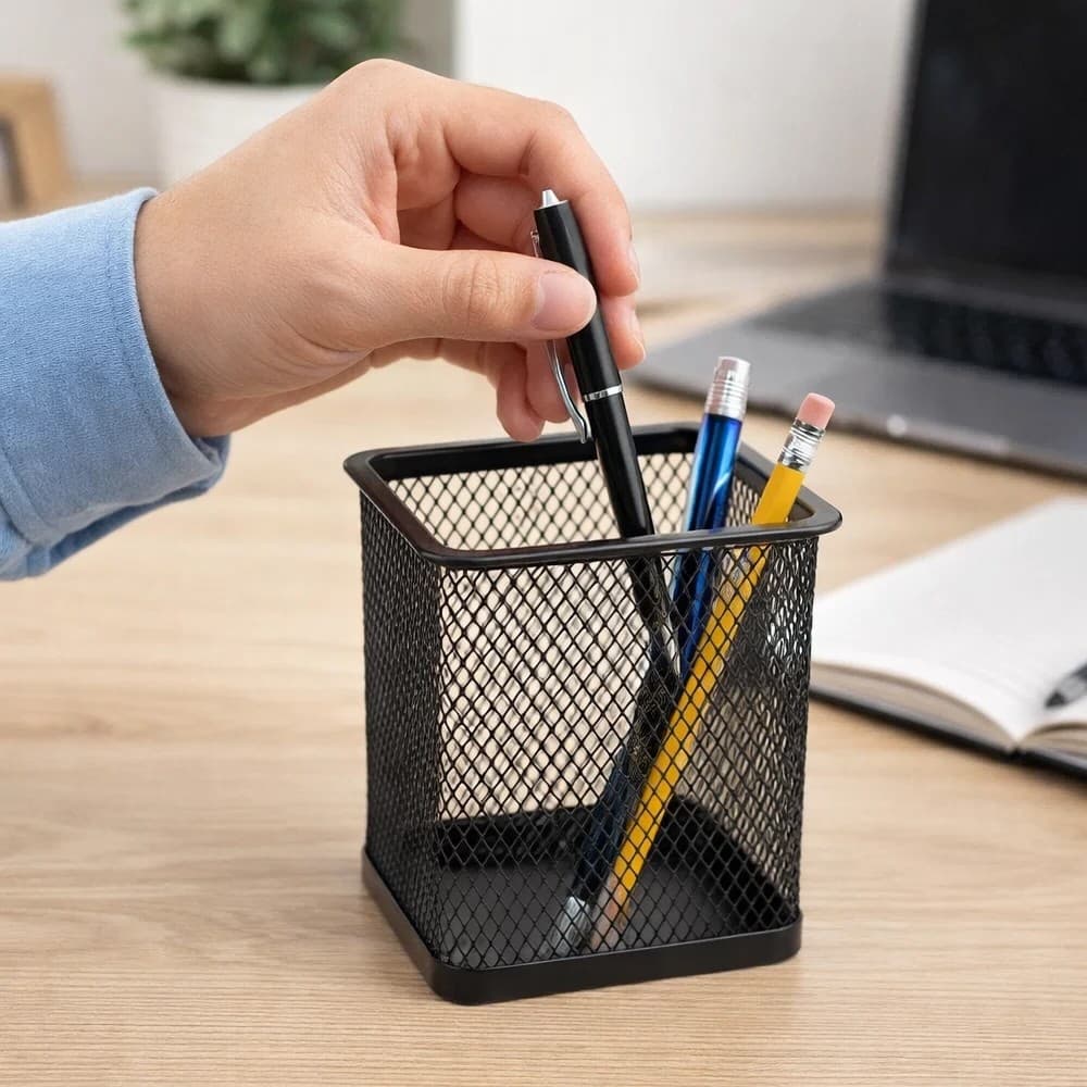 Porta Canetas Aramado Quadrado ou Redondo Preto em Aço Organizador para Mesa Escritório