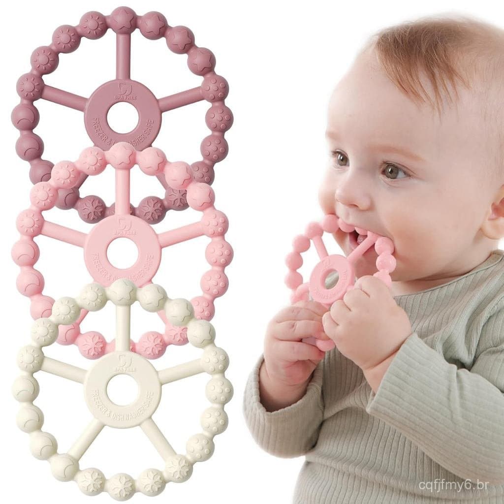 Conjunto de 3 Mordedores em Anel para Bebês, Essenciais para Bebês, Brinquedos de Silicone Dentição para Bebês de 0