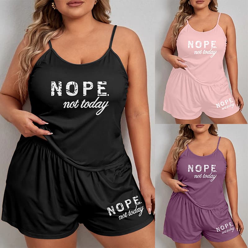 Conjunto de pijamas femininos Plus Size < NOPE Not Today} Colete estampado + Shorts verão Casual solto confortável moda