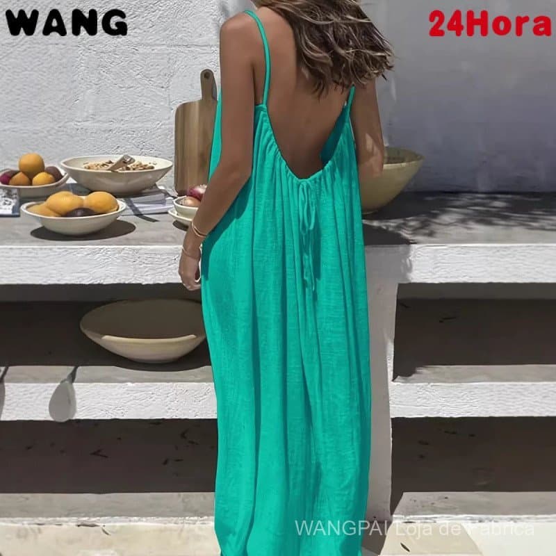 Vestido Longo Feminino Solto com Alças e Costas Descobertas Estampado