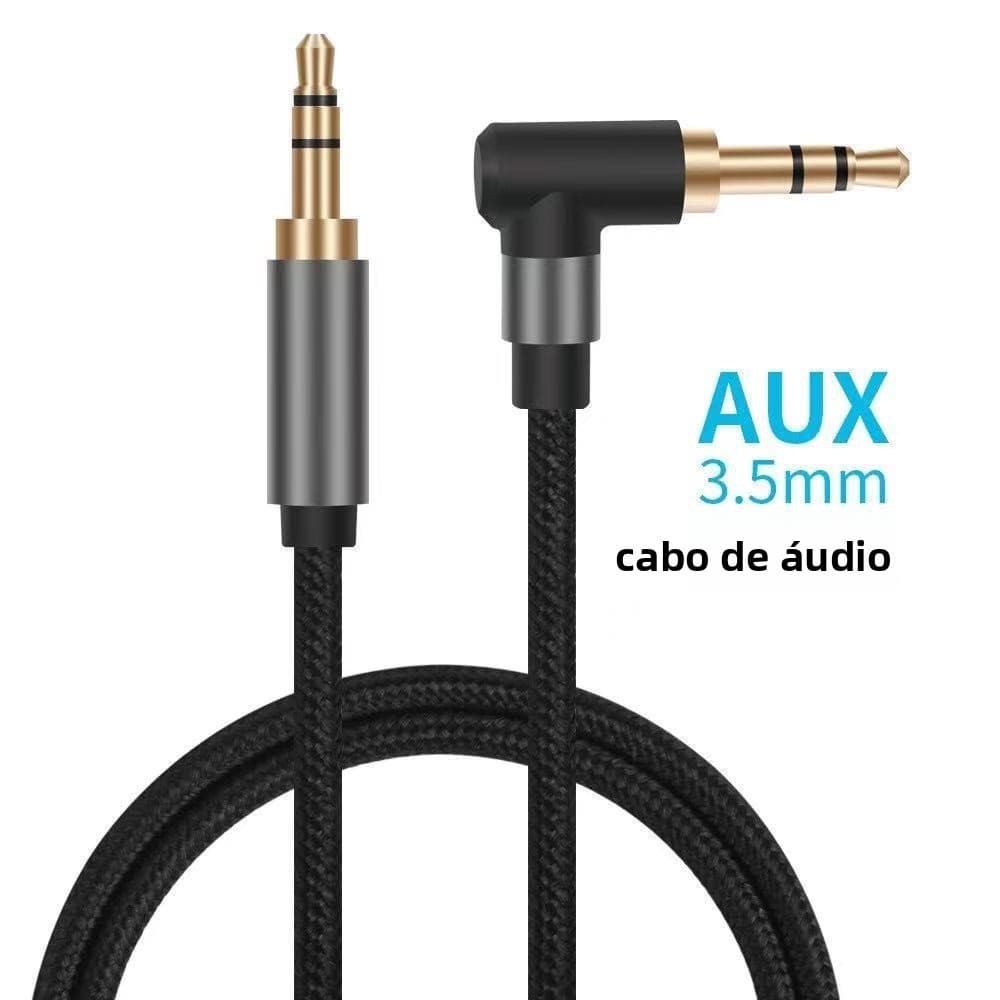 Cabo Áudio AUX Trançado 1,5m Conector 3,5mm Banhado Ouro Macho-Macho Áudio Automotivo