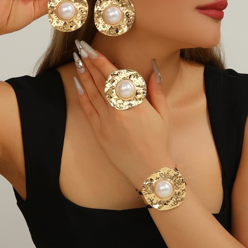 Moda feminina abertura clássico elegante pérola jóias pulseira anel brincos