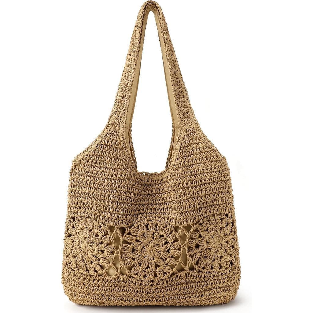 Bolsa de Praia, Bolsas de Praia de Palha para Mulheres, Bolsa de Praia com Design Floral, Leve e Dobrável