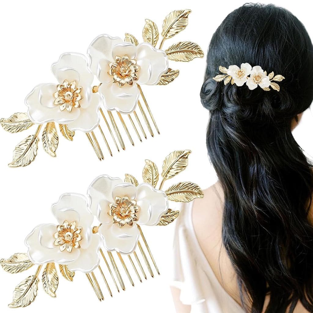2 Peças de Pente de Cabelo Floral para Noivas, Acessório de Cabelo com Folhas Douradas para Mulheres e Meninas