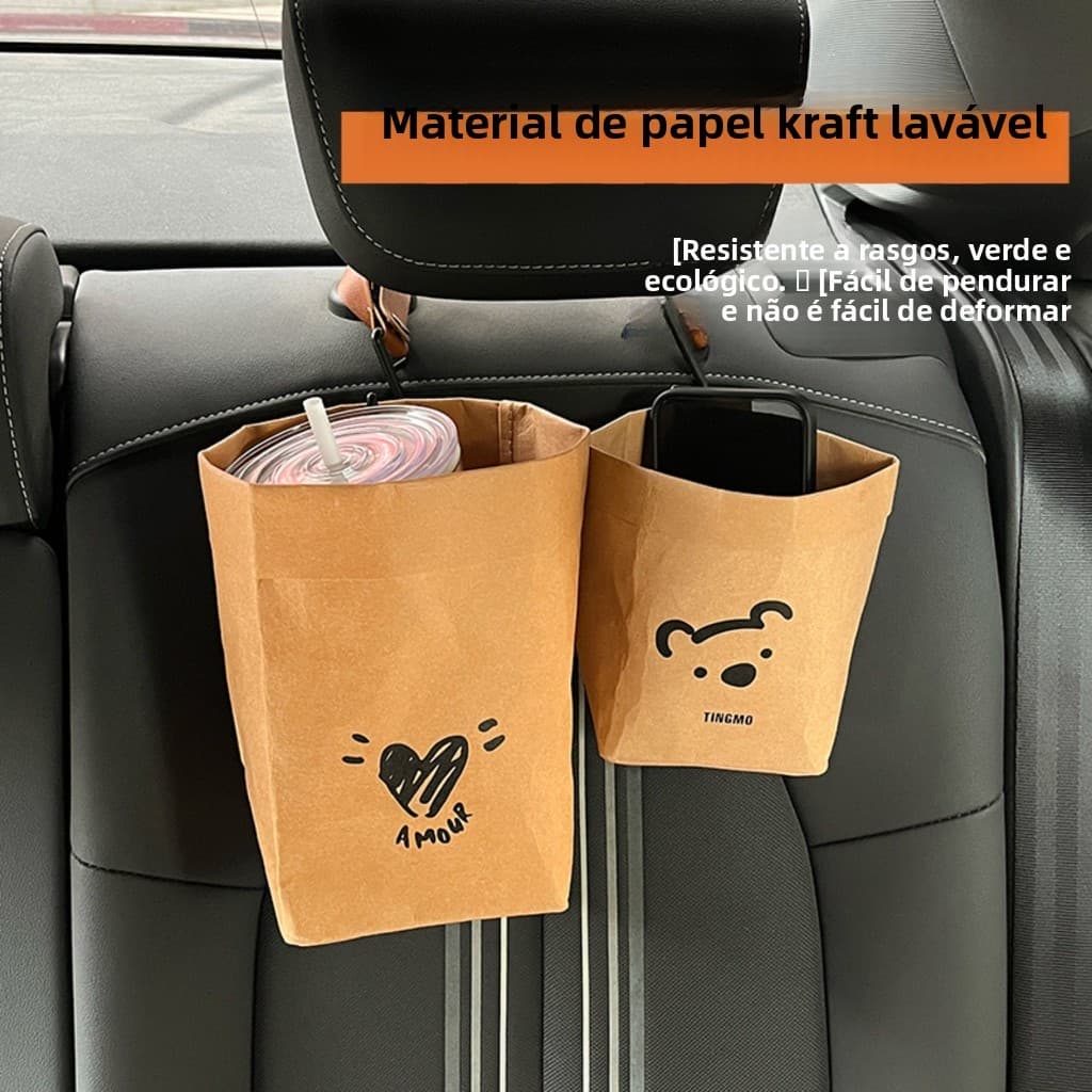 Urso de armazenamento de saco de papel Kraft, caixa fofa de saco de lixo lavável, saco de armazenamento de carro, lata d