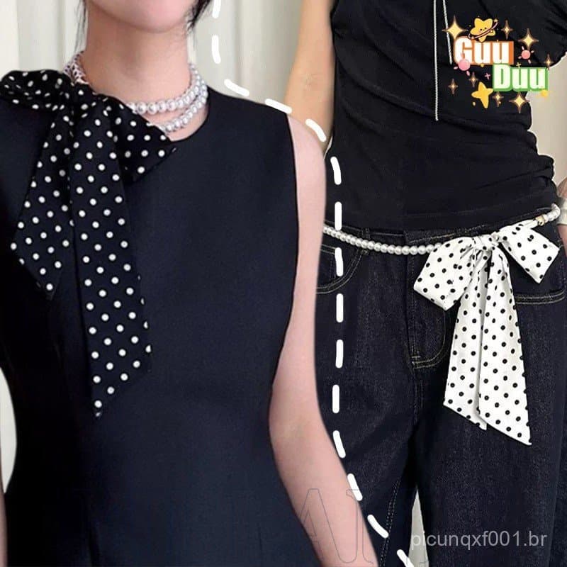 [GuuDuu] Lenço De Seda De Bolinhas – Acessórios Decorativos De Roupas Contas De Pérola Alça De Cintura Longa Ajustável E