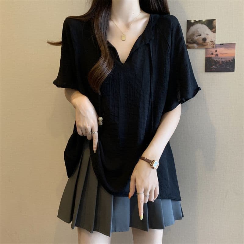 Pingente de manga curta camiseta feminina solta mais magro olhar capa carne moda com decote em v topo feminino