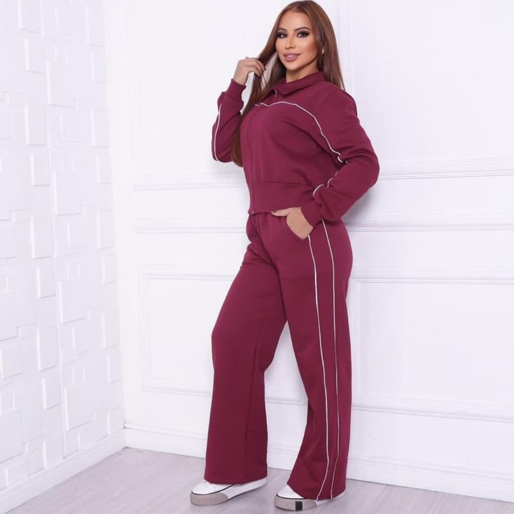 Conjunto Moletom Feminino Premium Vinho Frio Agasalho Calça Tecido Flanelado Confortavel Envio Imediato