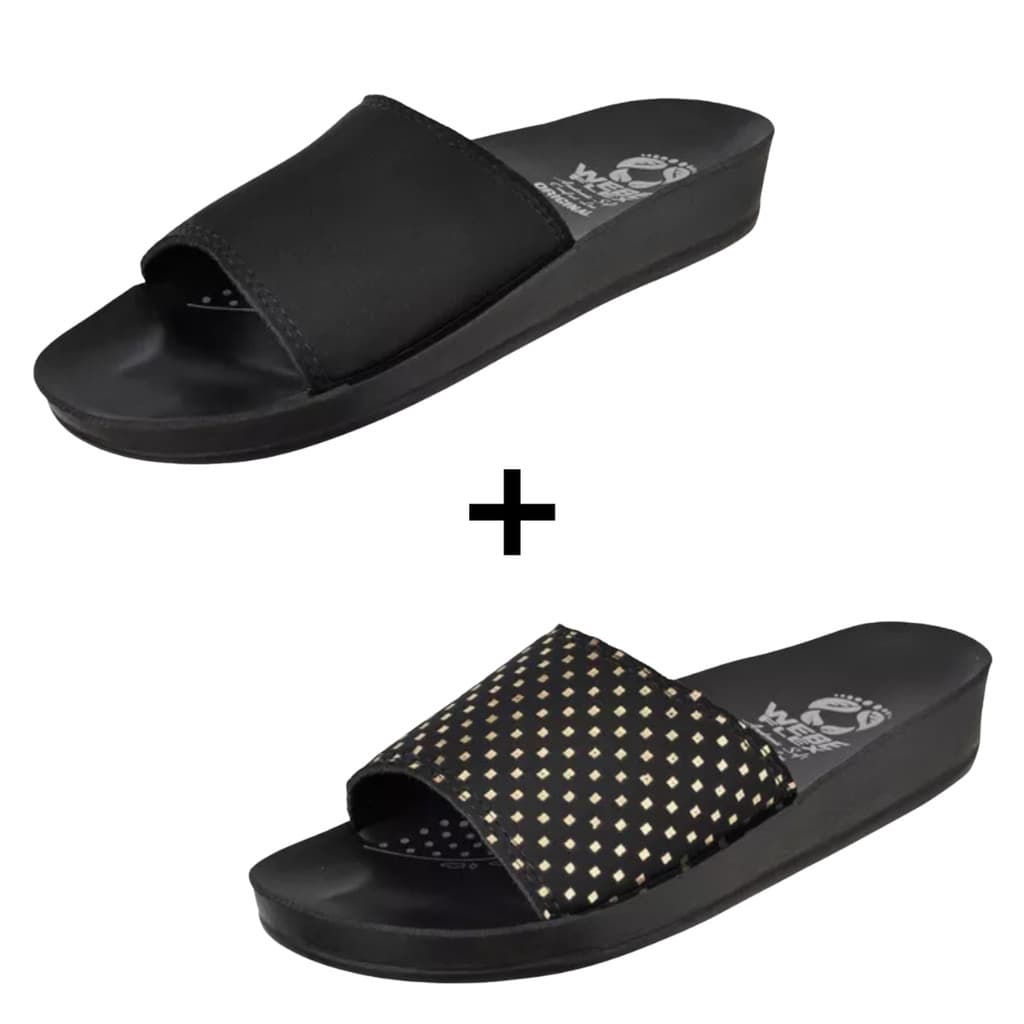 Kit 2 Pares Chinelo Ortopédico Feminino Preto Dourado Macio Leve Calçado Para Esporão Fascite Plantar