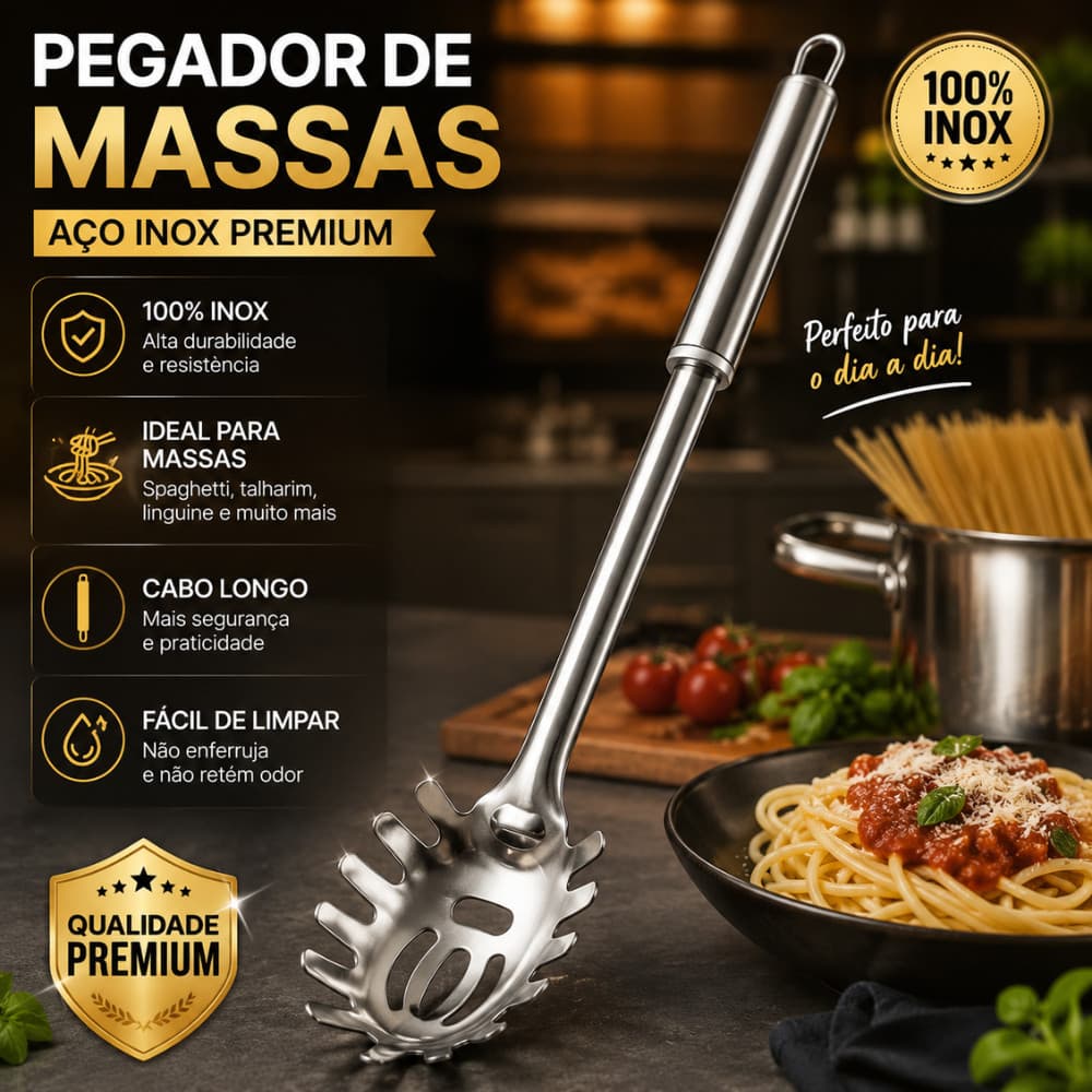 Pegador De Massas Inox Premium Cabo Longo Para Macarrão Espaguete