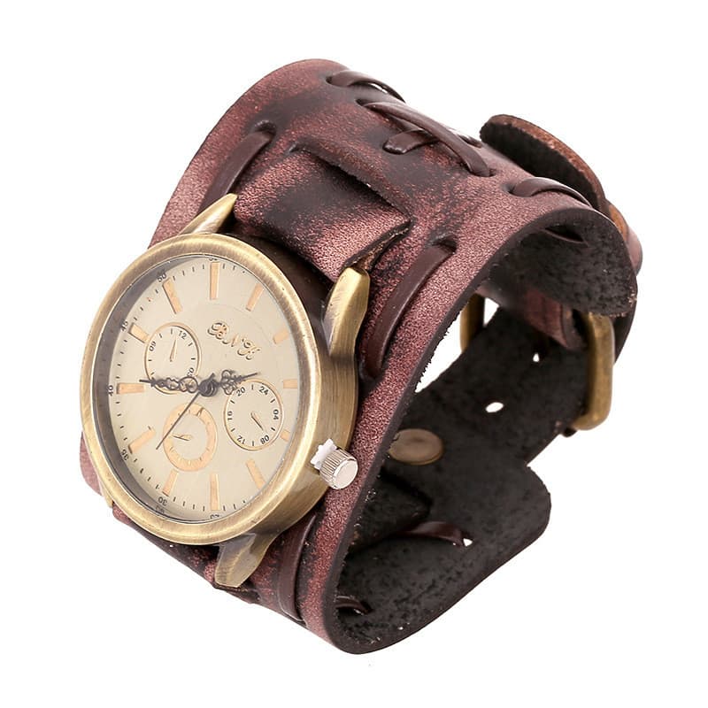 Joias de venda quente Retro angustiado trançado pulseira de couro relógio largo Punk pulseira de relógio masculino