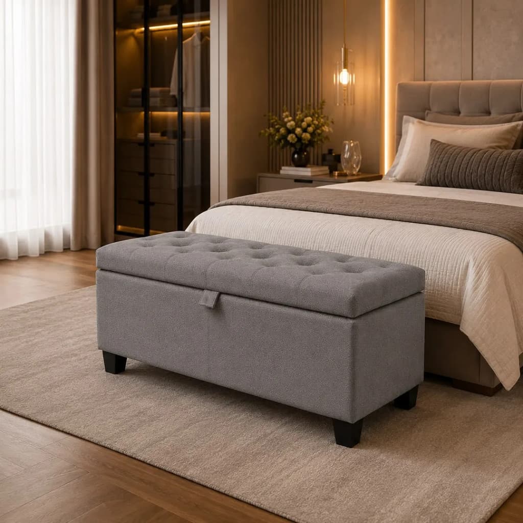 Recamier Baú Para Quarto Sapateira Organizador 90 Pés Madeira Premium Cinza Veludo Brinquedos Momentos Com A Familia