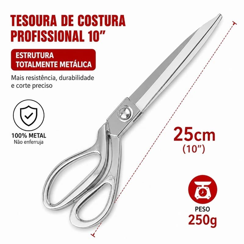 Tesoura de Costura Profissional 10 Polegadas Aço Inox Inteiriça Reforçada para Tecido Couro Jeans