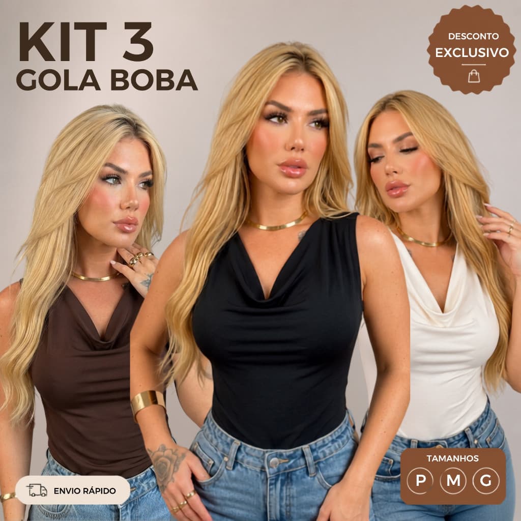 Kit 3 Regata Feminina Gola Boba Suplex Premium Alça Larga Blusa Drapeada Elegante Moda Verão