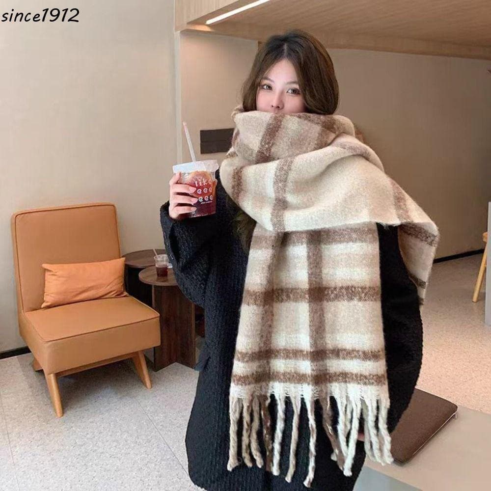 Cachecol de Lã Xadrez Desce, Cachecóis de Cashmere de Inverno com Combinações de Cores e Franjas, Cachecóis Longos CCMM