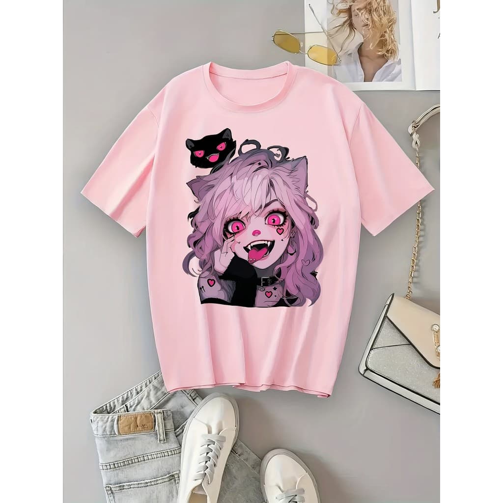 Camiseta Feminina T-Shirt 100% Algodão Estampa Anime Garota Gato E-girl Moda Blogueira