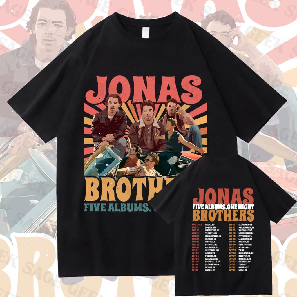 Camiseta Unissex Jonas Brothers Five Albuns One Night Tour Banda Pop Rock Frente E Costas 100% Algodão Envio Rápido