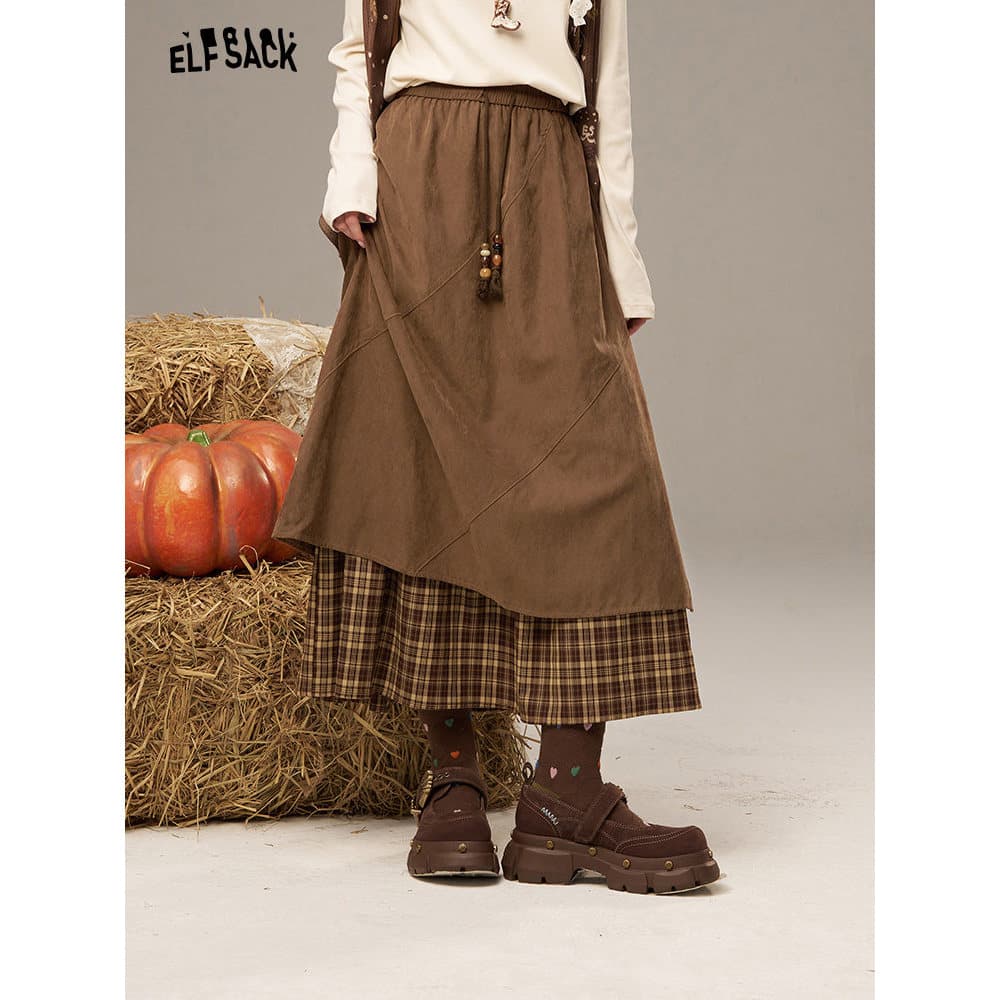 Fada bolso Retro marrom xadrez costura saia feminina 2026 início da primavera novo estilo cintura elástica a linha guard