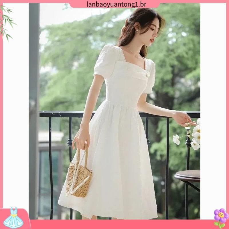 Estilo suave nicho francês verão vestido de pescoço quadrado elegante celebridade Jacquard mais magro olhar High-End peq