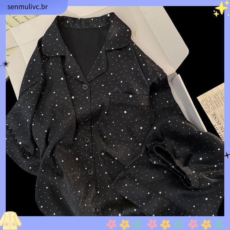 Coreano estilo Casual pijamas feminino Cardigan temperamento menina preto céu estrelado gelo seda simples Homewear de ma