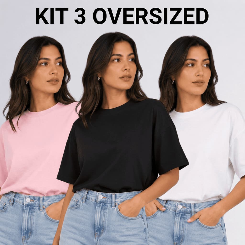 Kit 3 Blusas Oversized Feminina 100% Algodão Camiseta T-shirt Básica Lisa Gola Alta