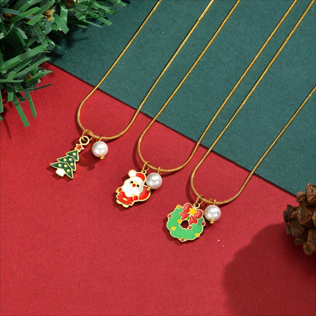 Colar com Pingente de Papai Noel e Árvore de Natal em Pérola Dourada Vnox, Presente de Joias para o Ano Novo, Adequado p