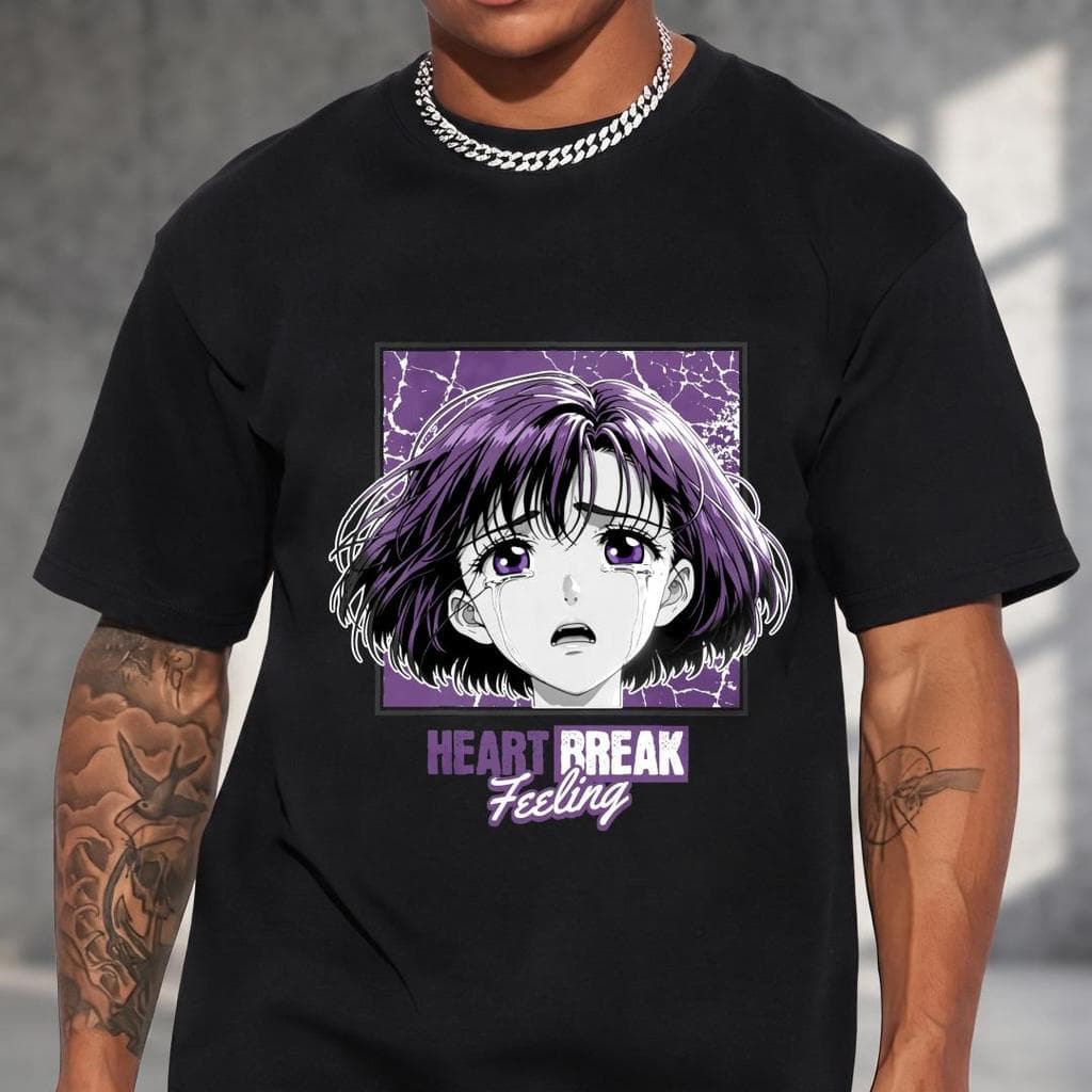 Camiseta Preta Masculina Estampa Menina Anime Heart Break Roxo Manga Curta Gola Redonda Versátil 100% Algodão