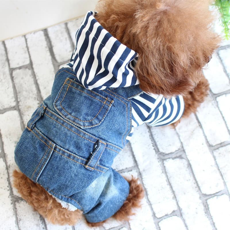 Roupa/Macacão Jeans Listrado Com Capuz Para Cachorro Azul Animais De Estimação/Cães Pequenos