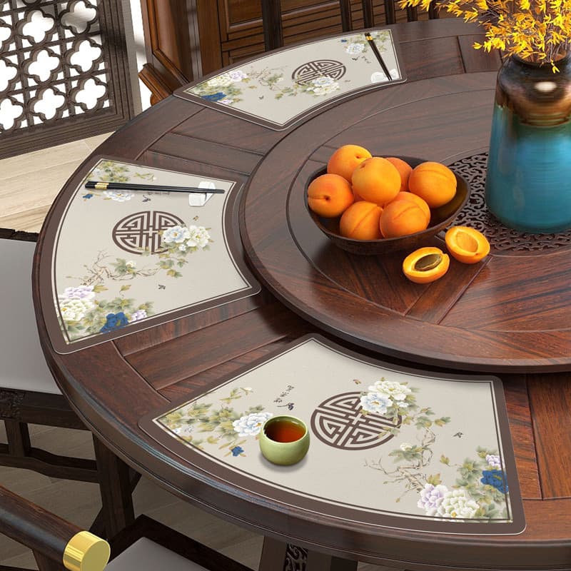 Mesa redonda em forma de leque, novo estilo chinês, estilo chinês, à prova d'água, à prova de óleo, isolamento térmico,